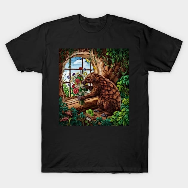 watercolor pangolin with garden and mixed flowers T-Shirt by Catbrat